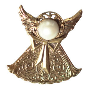 Vintage 1.8” Layered Metal Angel Faux Pearl Brooch Pin Angelcore Holidaycore EUC